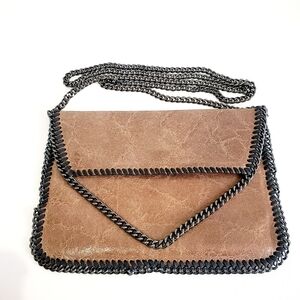 Vera Pelle Tan Envelope Crossbody with Black Chain Trim